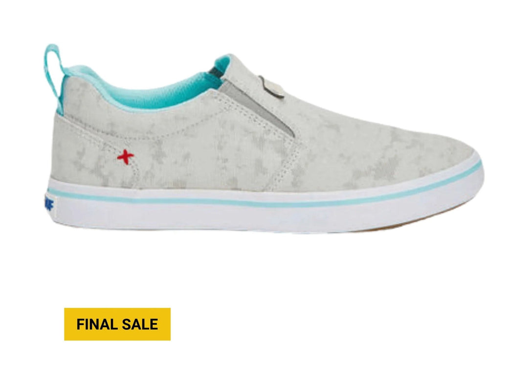 Gray slip-on sneaker with turquoise lining and sole stripe, shown in side view