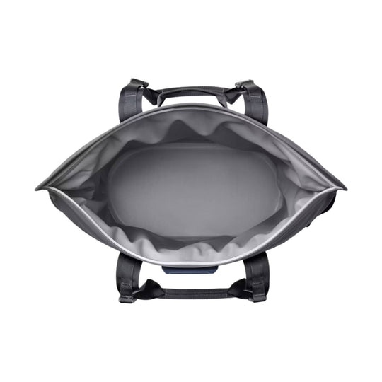 Open dark gray soft cooler tote with padded interior and black carry straps