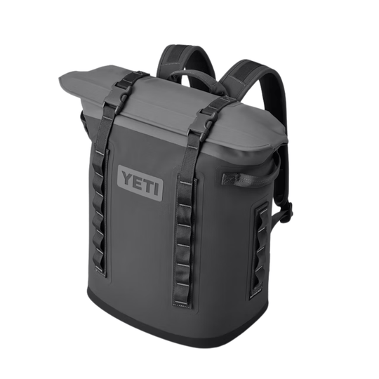 Charcoal backpack cooler with roll-top closure and front straps
