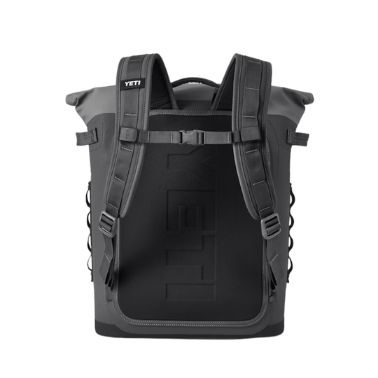 Charcoal roll-top backpack cooler with padded shoulder straps and a front zip opening