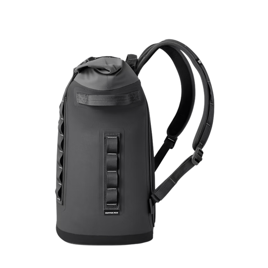 Dark gray backpack cooler with a roll-top closure, padded shoulder straps, and side webbing