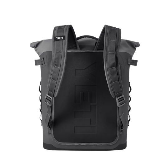 Dark gray roll-top backpack cooler with padded shoulder straps and a front zippered opening