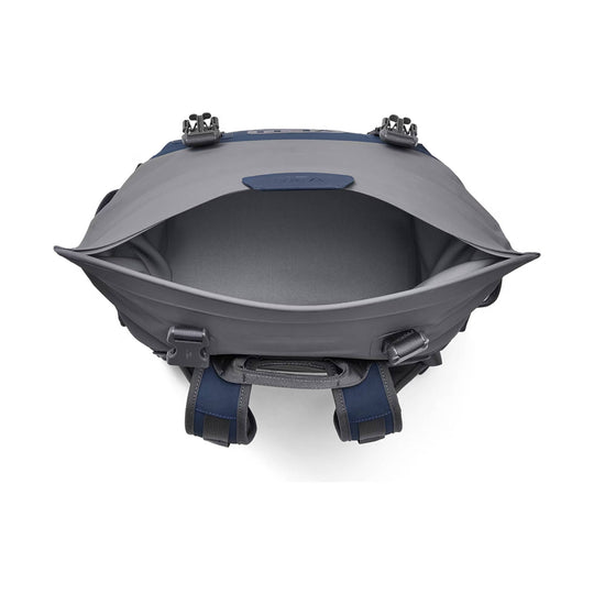 Gray and navy backpack cooler with an open top and buckle closures