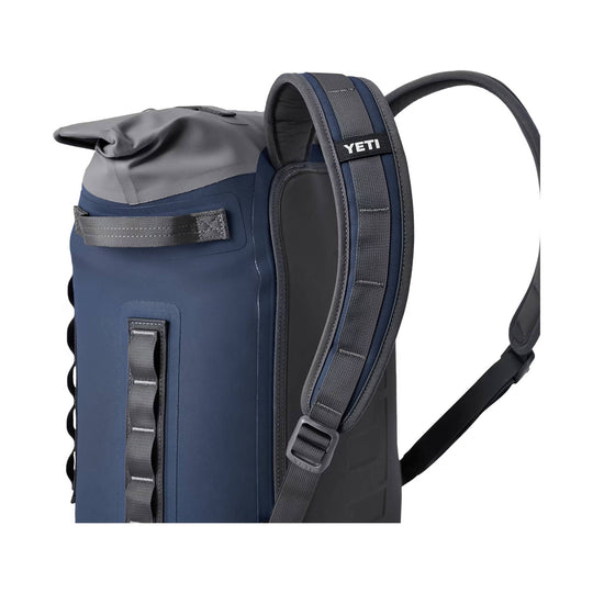 Navy and gray roll-top backpack cooler with padded shoulder straps and side handles