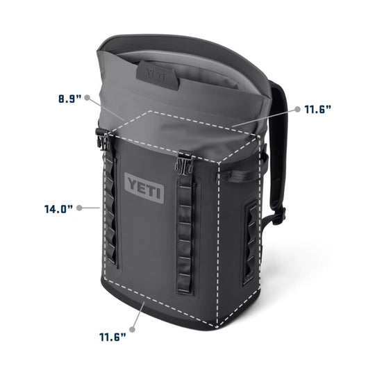 Dark gray soft cooler backpack with roll-top opening and side straps, labeled with dimensions
