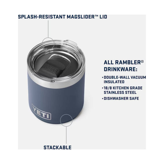 Blue insulated tumbler with clear splash-resistant lid, shown with callouts for stackable and dishwasher safe features