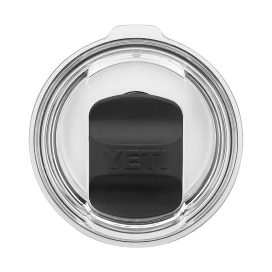 Clear lidded stainless steel tumbler with embossed YETI logo