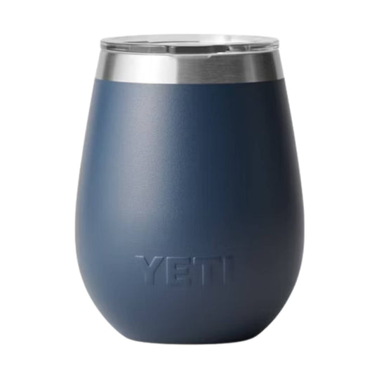 Dark blue insulated stemless tumbler with a stainless steel rim and embossed YETI text.