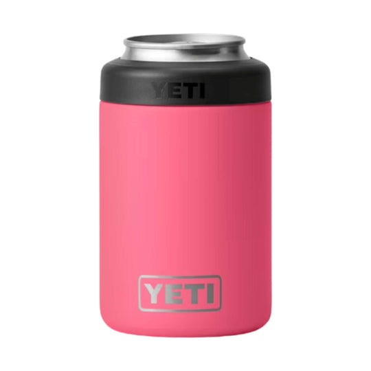 Pink insulated can cooler with a black lid and silver top, shown front view
