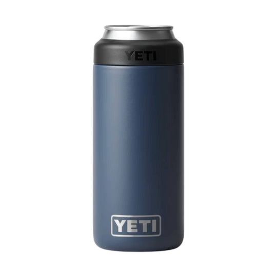 Tall navy insulated can holder with a black top, silver rim, and YETI logos
