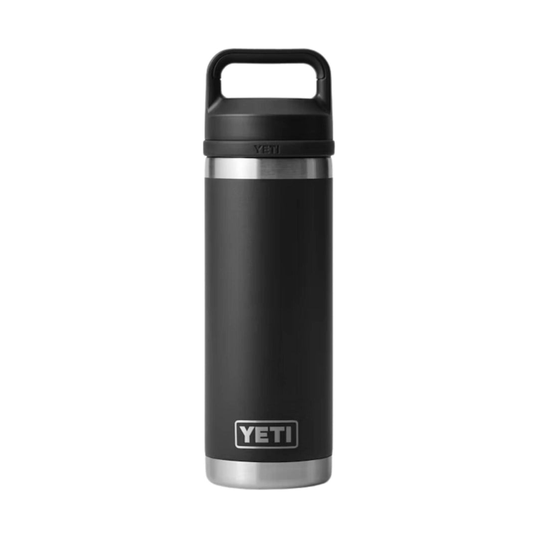 Black insulated water bottle with a carry handle and silver bands, shown front view