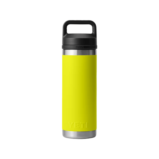 Yellow insulated water bottle with black handle cap and stainless steel base