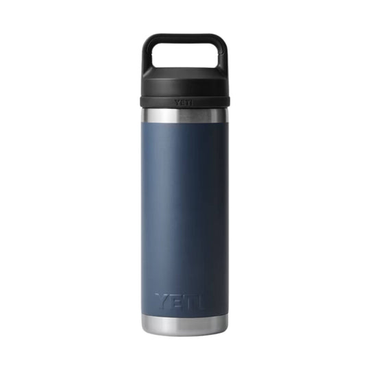 Navy insulated water bottle with black handle lid and stainless steel base
