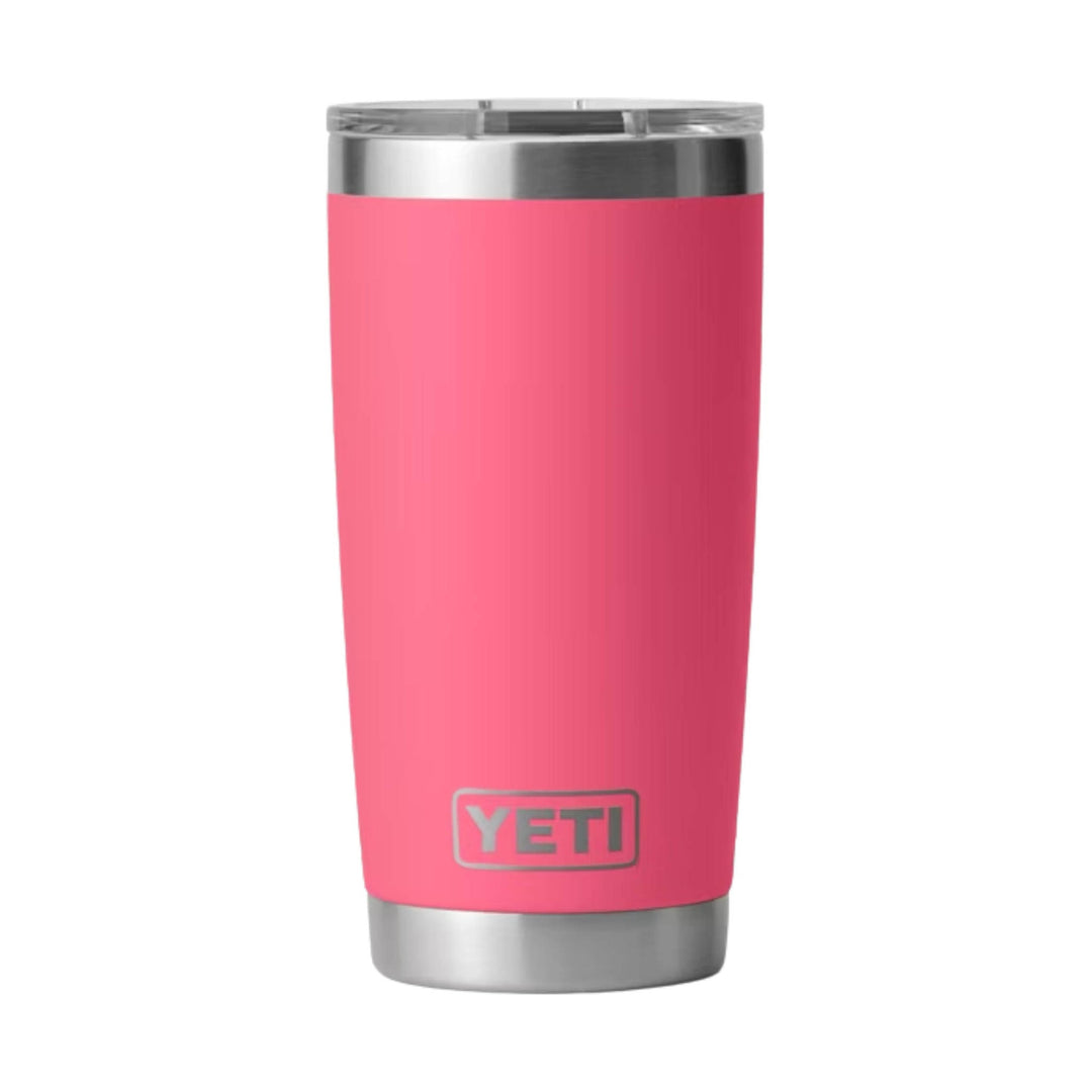 Pink insulated tumbler with stainless steel top and base, showing the YETI logo