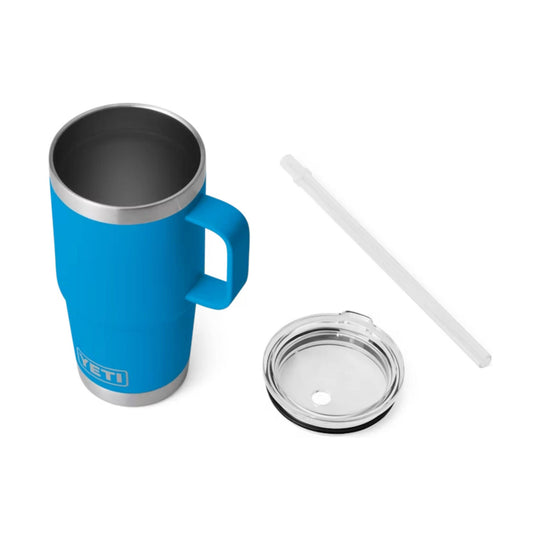 Blue insulated tumbler mug with handle, clear lid, and straw