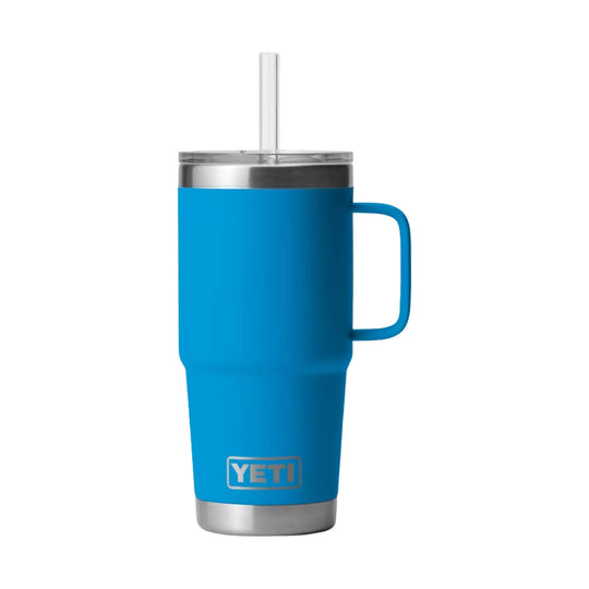 Blue insulated tumbler mug with handle, clear lid, and straw