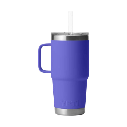 Purple insulated tumbler mug with handle, stainless steel rim and base, and clear straw