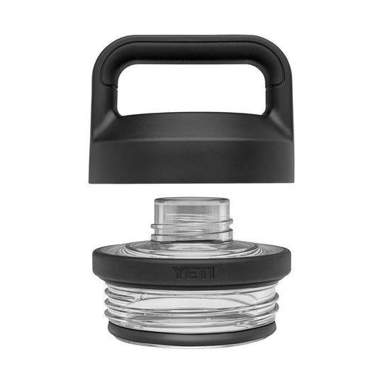 Clear water bottle with a black handle and black lid, shown separated above the bottle body