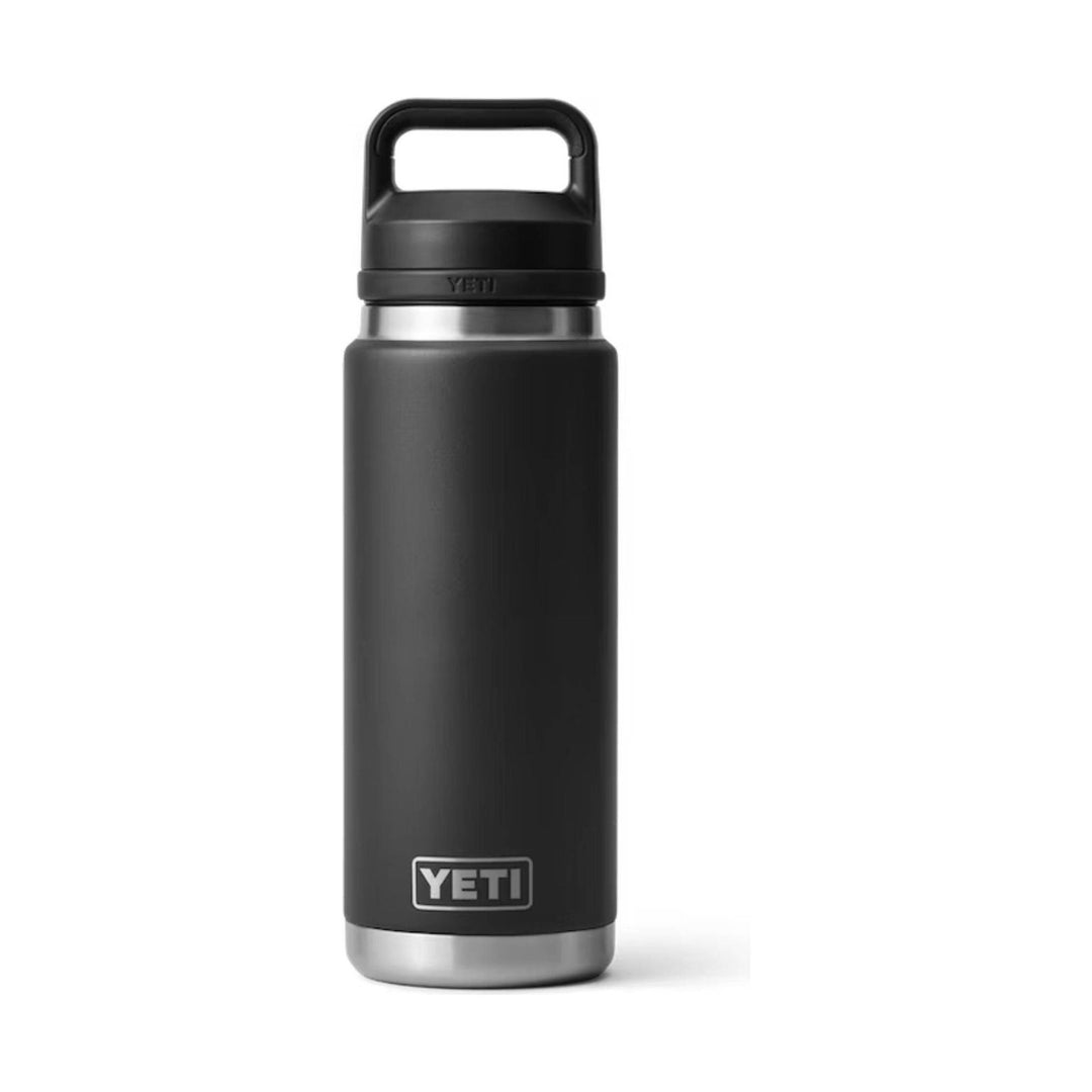 Black insulated water bottle with a carry handle and silver base, shown on a white background