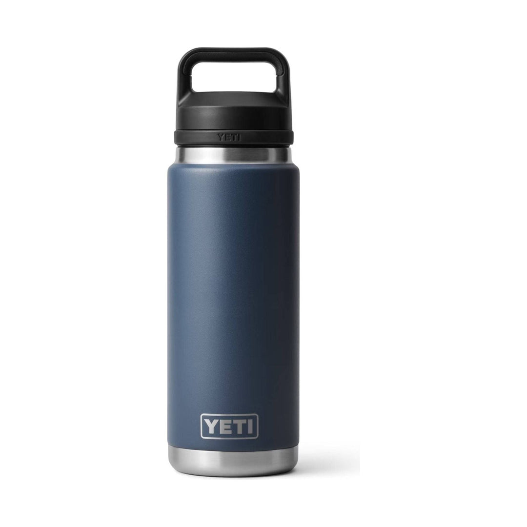 Navy insulated bottle with a black carry handle lid and silver base, shown front view