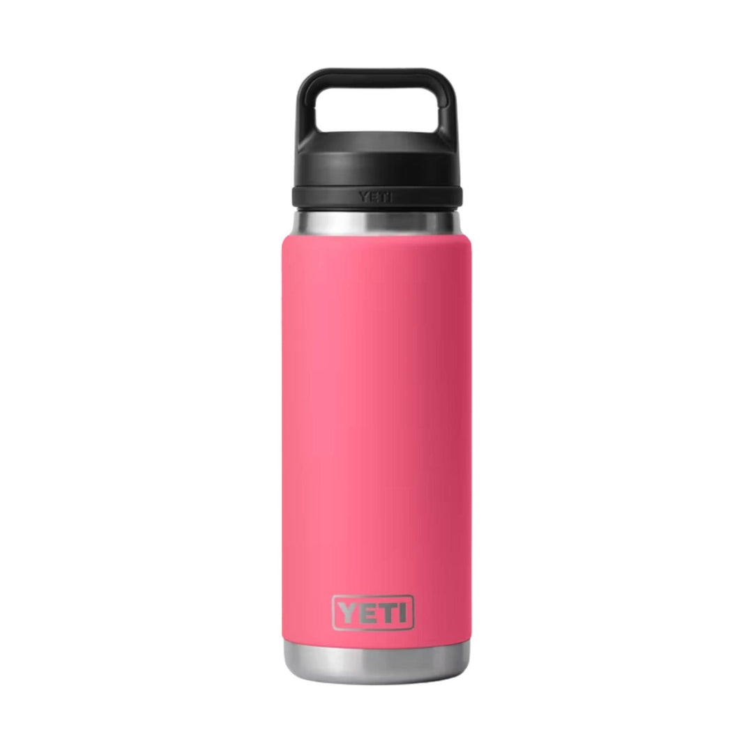 Pink insulated bottle with a black handle lid and silver base, shown front view