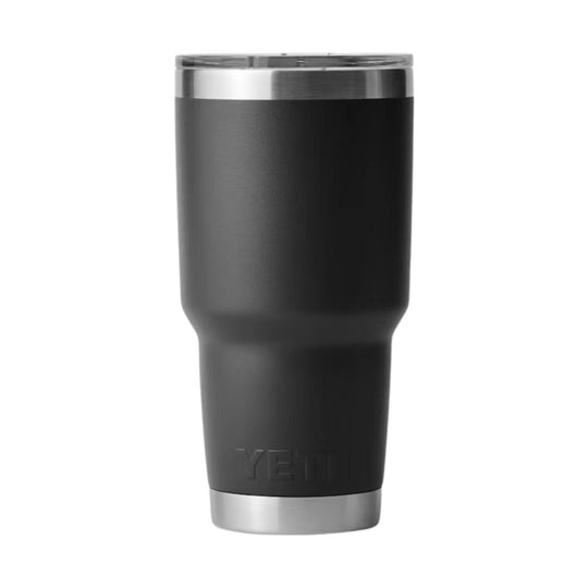 Black insulated travel tumbler with stainless steel rim and base