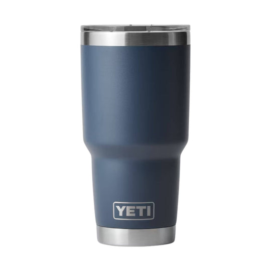 Blue insulated tumbler with stainless steel rim and YETI logo