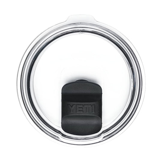 Clear tumbler lid with black sliding tab and YETI logo