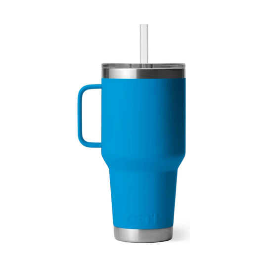 Blue handled stainless steel tumbler with a clear straw and silver lid