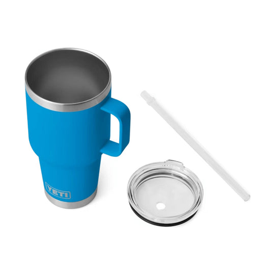 Blue handled tumbler with stainless steel rim, clear lid, and straw