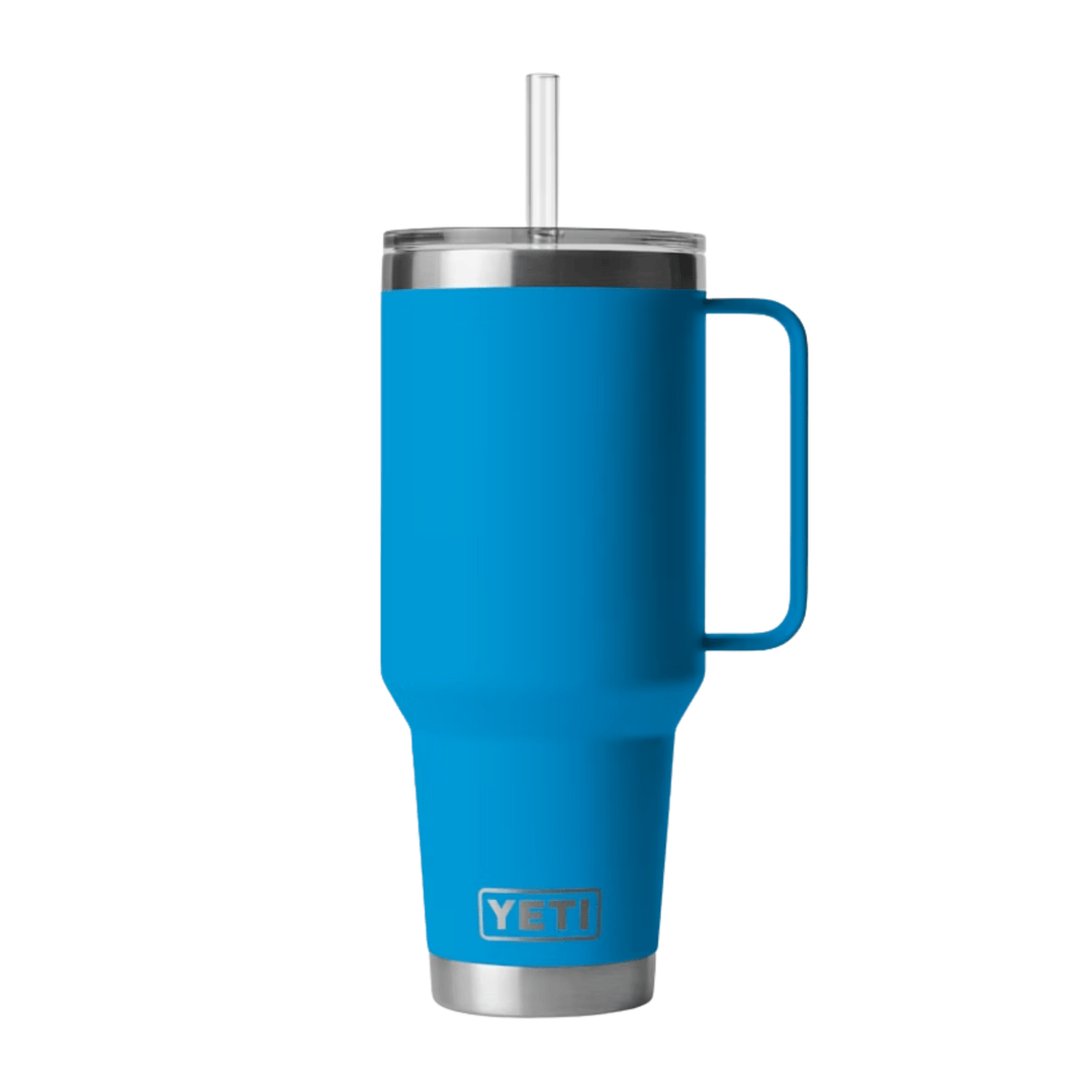 Blue handled tumbler with clear straw and YETI logo