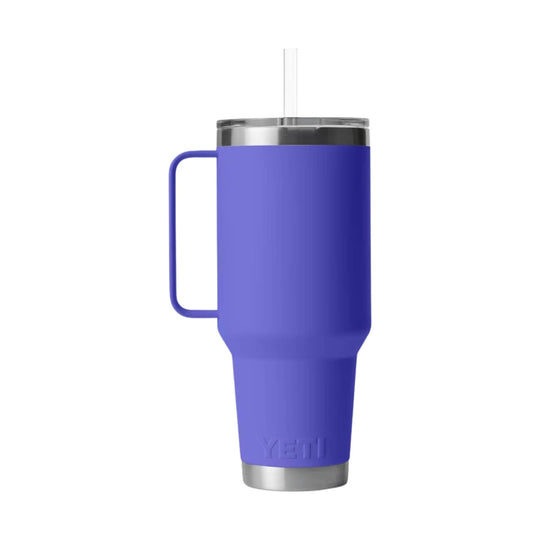 Purple handled tumbler with clear straw, stainless steel lid, and embossed YETI logo