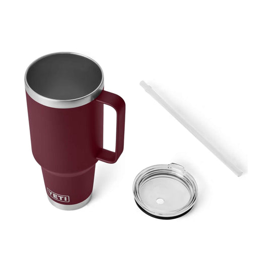 Maroon insulated tumbler mug with handle, clear lid, and clear straw