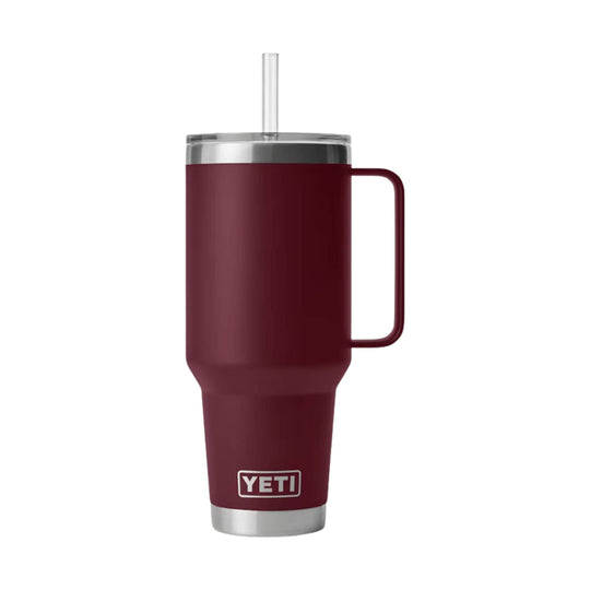 Maroon insulated tumbler with handle, clear straw, and YETI logo