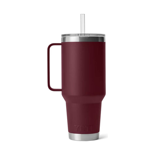 Burgundy insulated tumbler with handle, clear straw lid, and stainless steel accents