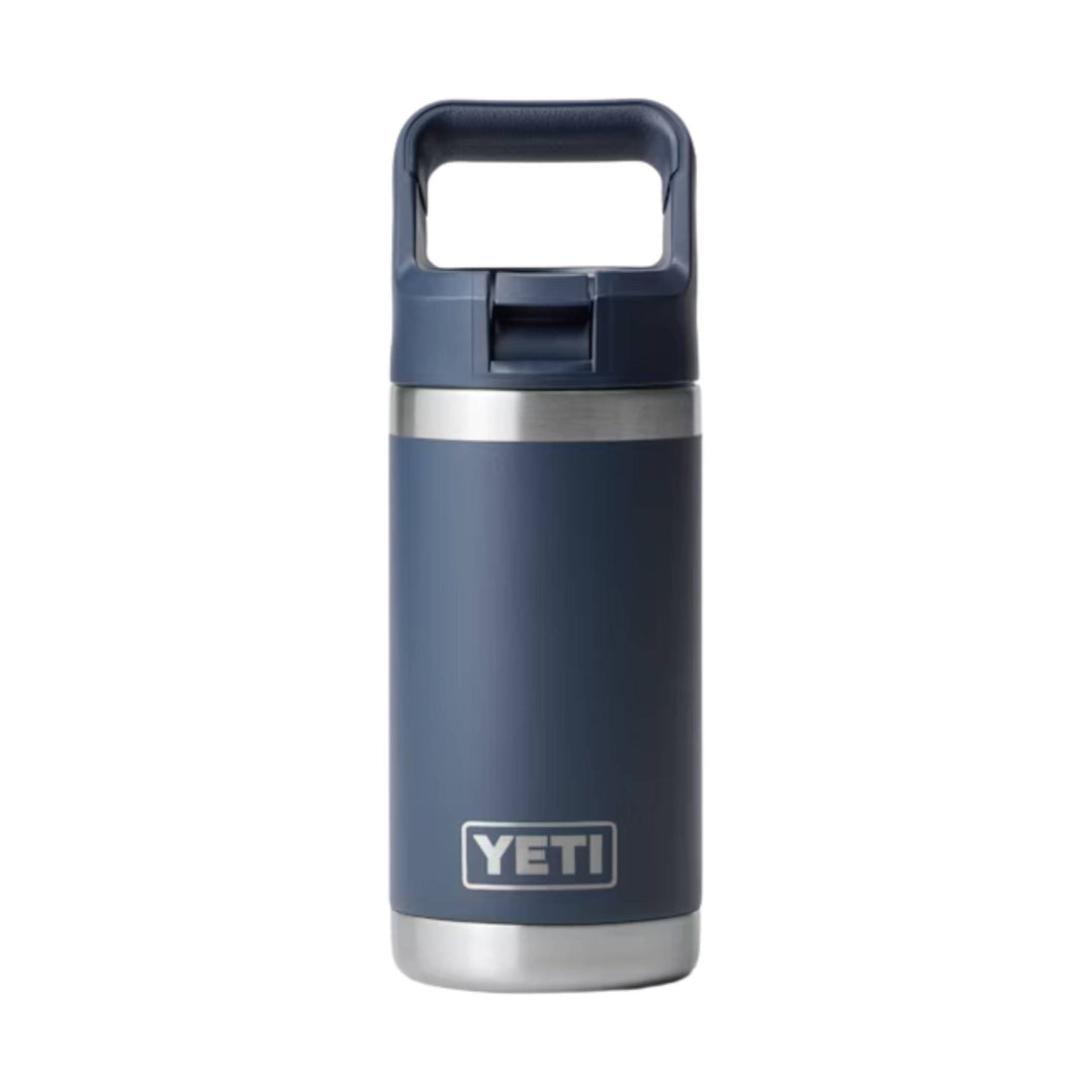 Blue insulated kids' water bottle with a flip-up handle lid and silver base