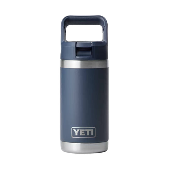 Blue insulated kids' water bottle with a flip-up handle lid and silver base