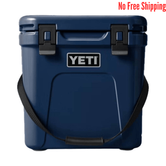 Blue hard-sided cooler with black latches and shoulder strap, shown front view