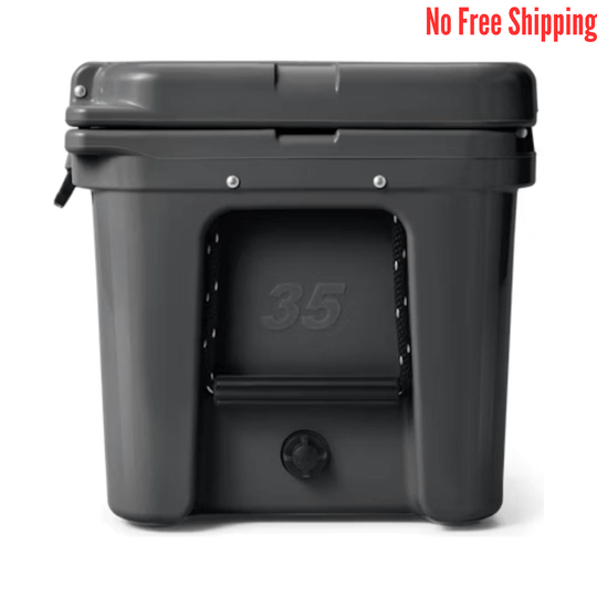 Dark gray hard cooler with hinged lid, embossed 35, and No Free Shipping text.