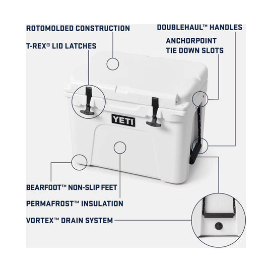 White hard cooler with labeled callouts for latches, handles, tie-down slots, non-slip feet, insulation, and drain system
