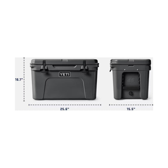 Dark gray hard cooler shown front and side view with latches and a front logo patch