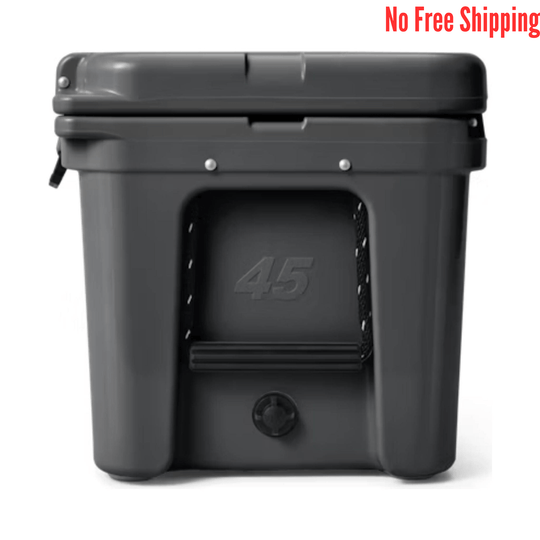 Dark gray hard cooler with a hinged lid, front drain plug, and embossed 45.