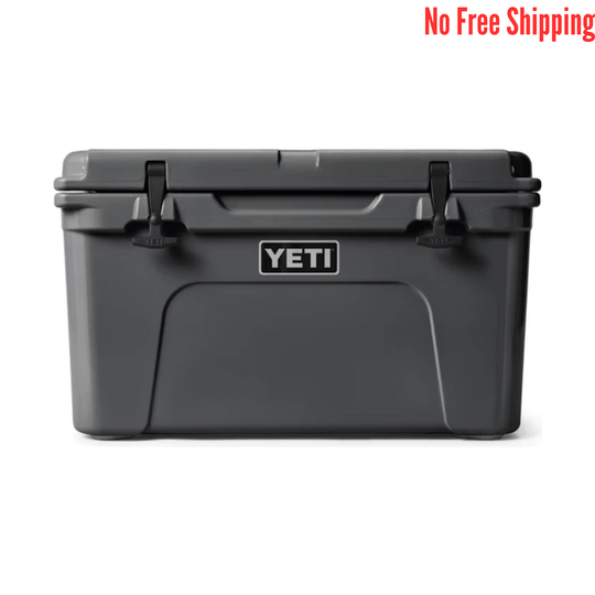 Dark gray hard cooler with latches and a front logo badge