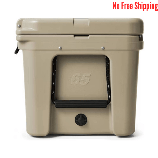 Beige hard cooler with a black handle, latch, and drain plug, shown front view