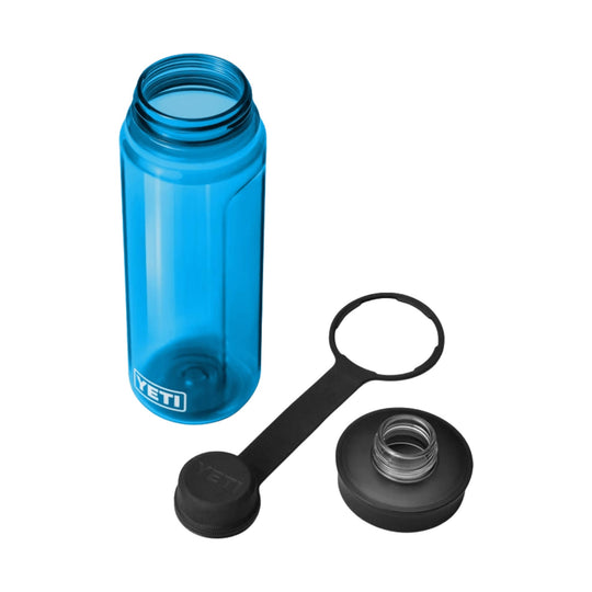 Blue translucent water bottle with threaded open mouth, black tethered cap, and separate black lid