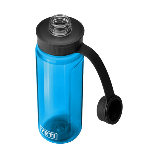Blue translucent water bottle with black tethered cap and wide mouth, shown with the cap open