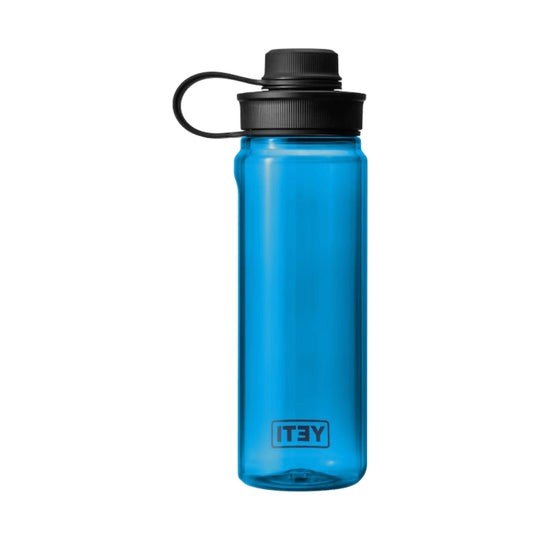 Blue translucent plastic water bottle with black tethered screw cap