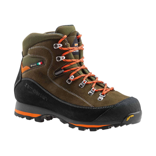 Brown and black lace-up hiking boot with orange laces, metal eyelets, and visible GORE-TEX and Vibram branding.
