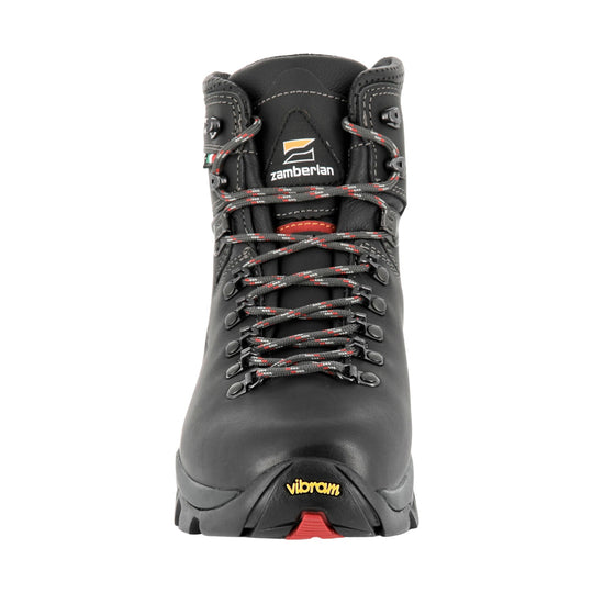 Black leather hiking boot with gray-red laces and a Vibram sole