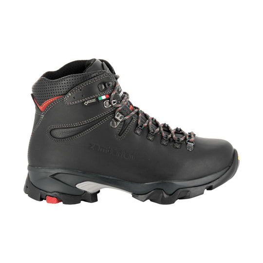Black mid-height hiking boot with red accents, metal eyelets, and lugged sole.